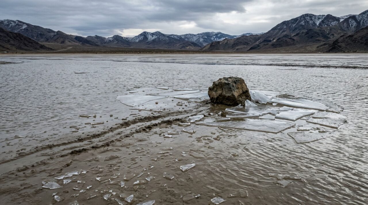 Água rasa, gelo fino e vento leve podem empurrar lentamente as rochas sobre a lama úmida de Racetrack Playa