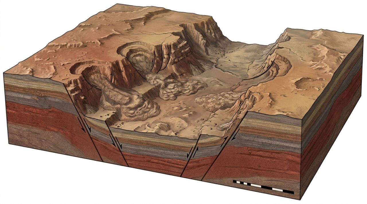 Fraturas da crosta, afundamento de blocos e grandes deslizamentos ajudaram a ampliar Valles Marineris ao longo do tempo