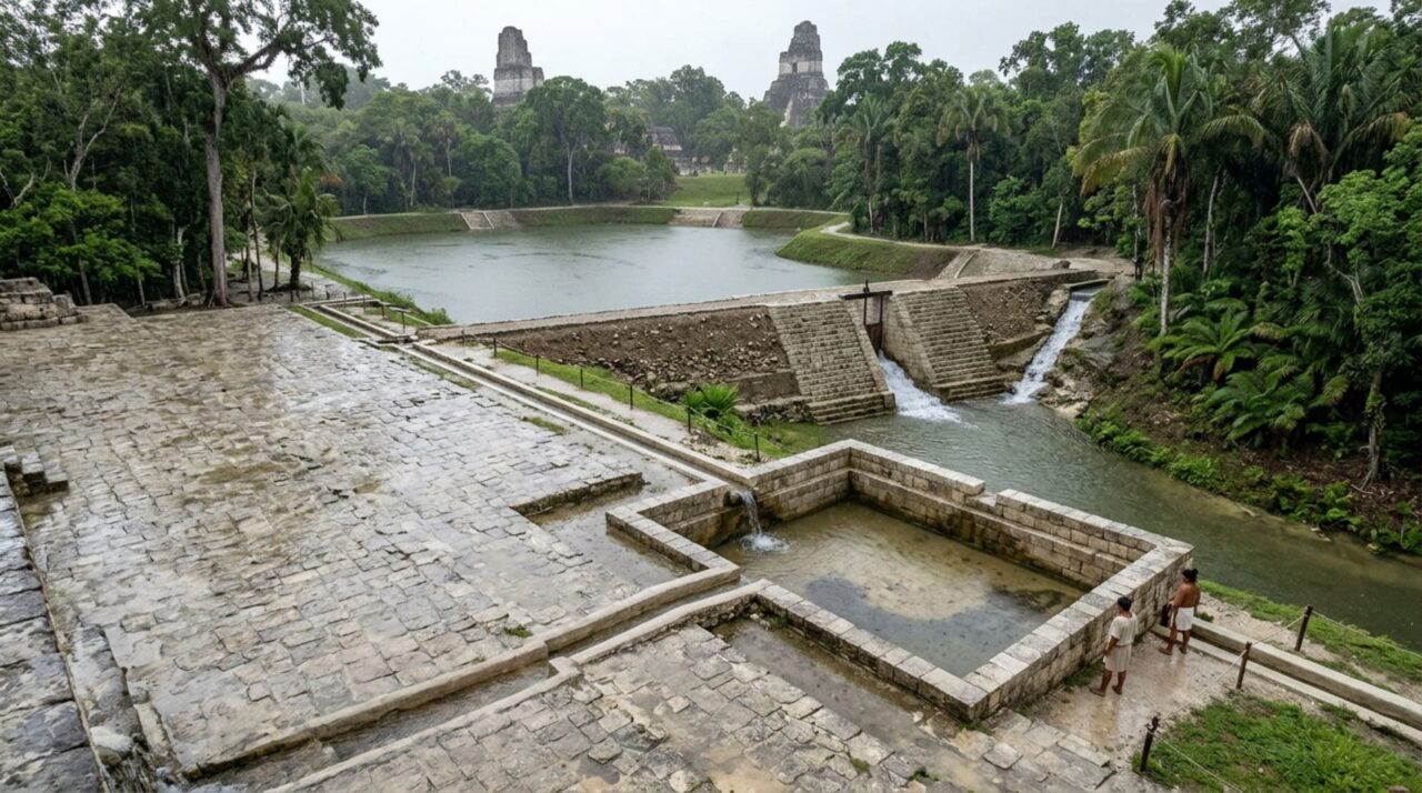 Em Tikal, praças pavimentadas, canais e barragens trabalhavam em conjunto para captar, conduzir e armazenar água durante a estação chuvosa