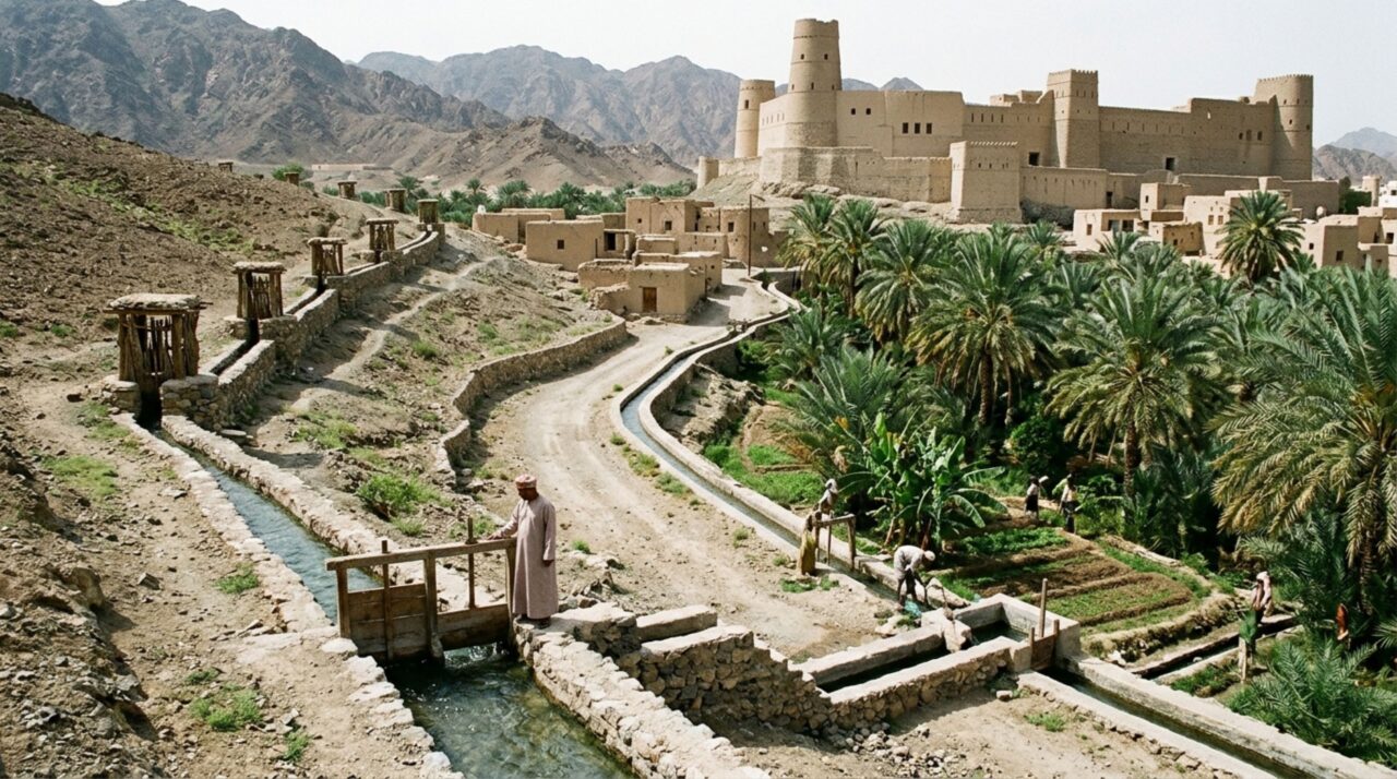 O falaj de Bahla utilizava declive, galerias e canais para levar água de fontes distantes até casas e plantações do oásis