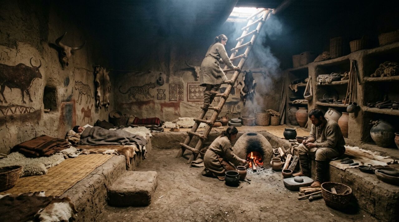 As casas eram acessadas pelo teto por meio de escadas de madeira