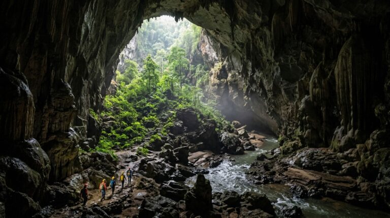 Son Doong reúne grandes salões de calcário, rio subterrâneo e aberturas naturais no teto