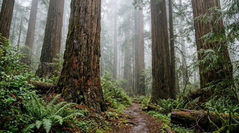 A neblina costeira envolve as copas das sequoias e fornece umidade durante o verão seco.