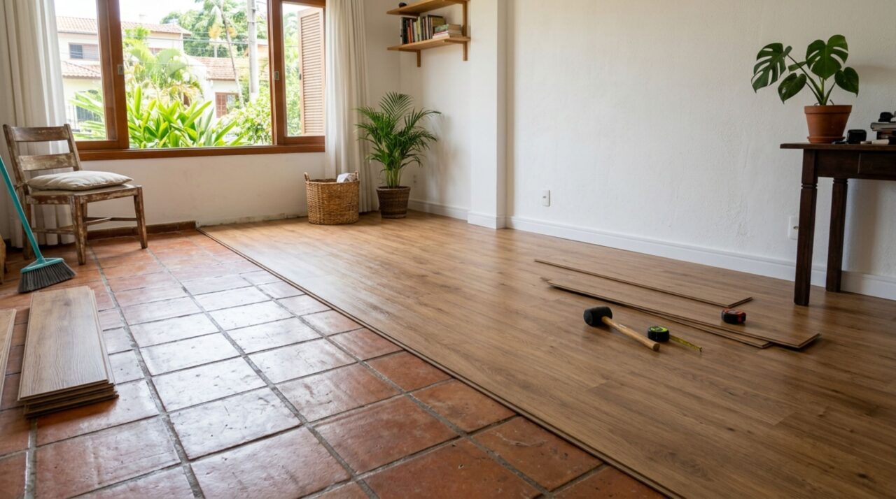 Sem remover a cerâmica nem refazer todo o contrapiso, homem descobre uma forma de renovar a sala usando piso flutuante sobre uma base nivelada