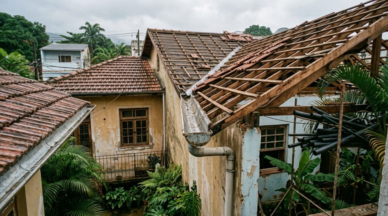 Família troca o telhado da casa antiga e, durante a retirada das telhas, descobre que a calha também recebia a água da residência vizinha