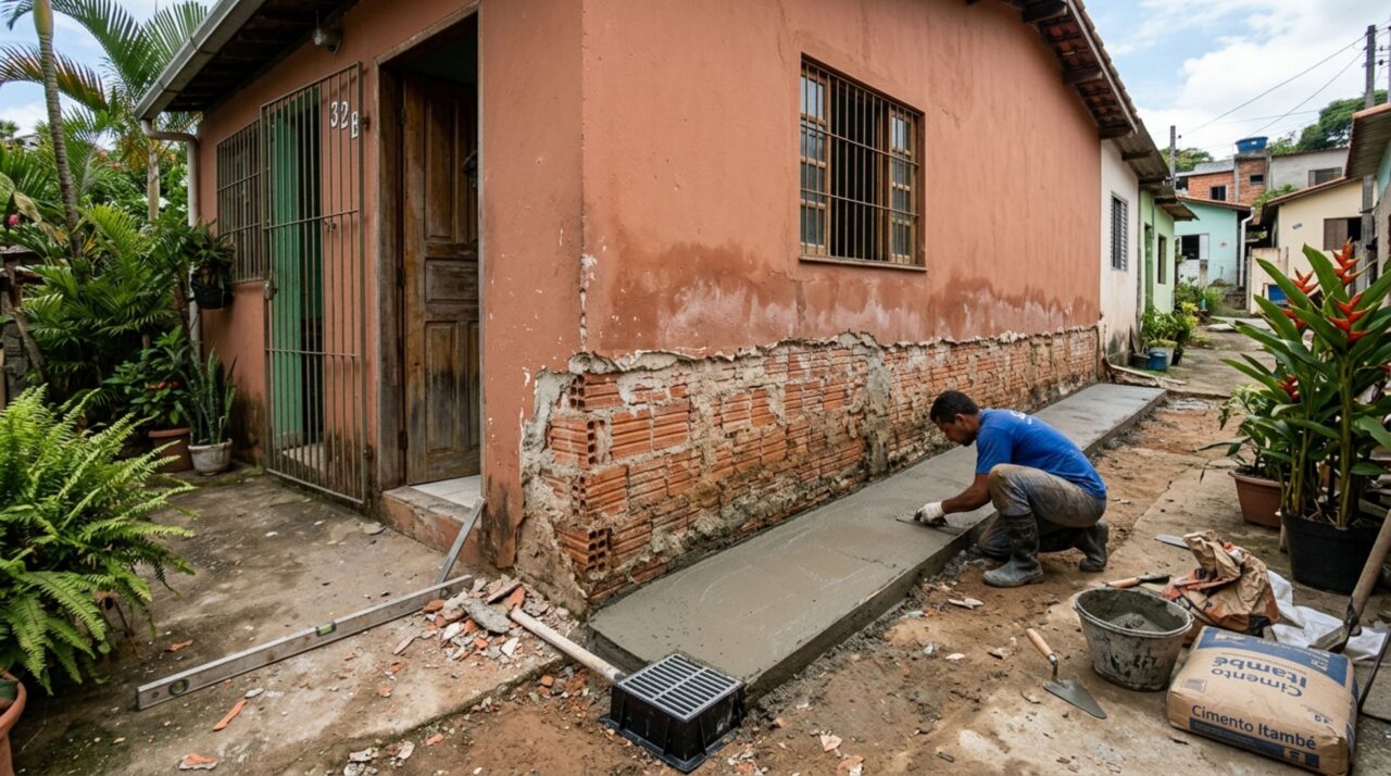 Casal compra casa antiga, remove uma cobertura para criar um jardim e, durante a obra, descobre que a calha do vizinho despejava água dentro do seu terreno, causando mofo e infiltração durante anos nas paredes laterais