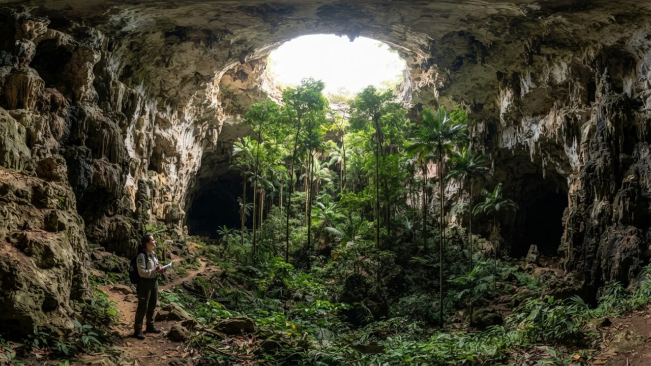 Seis grandes desabamentos abriram janelas de luz num rio subterrâneo brasileiro e fizeram uma floresta crescer dentro de cavernas com salões de até 100 metros