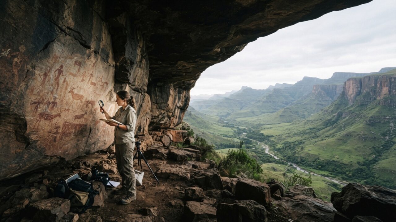 Uma montanha parece cortada por uma faca na África do Sul: penhascos guardam milhares de pinturas feitas por povos San