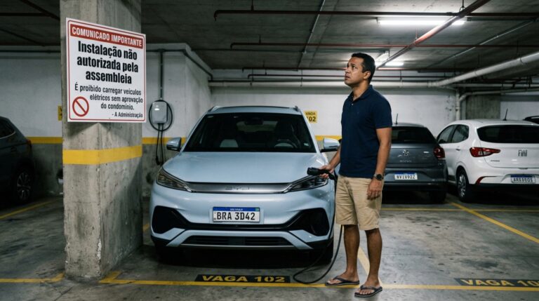 Morador compra carro elétrico de R$ 160 mil, pede para instalar o carregador na própria vaga, a assembleia nega e ele descobre o que o condomínio pode e não pode exigir