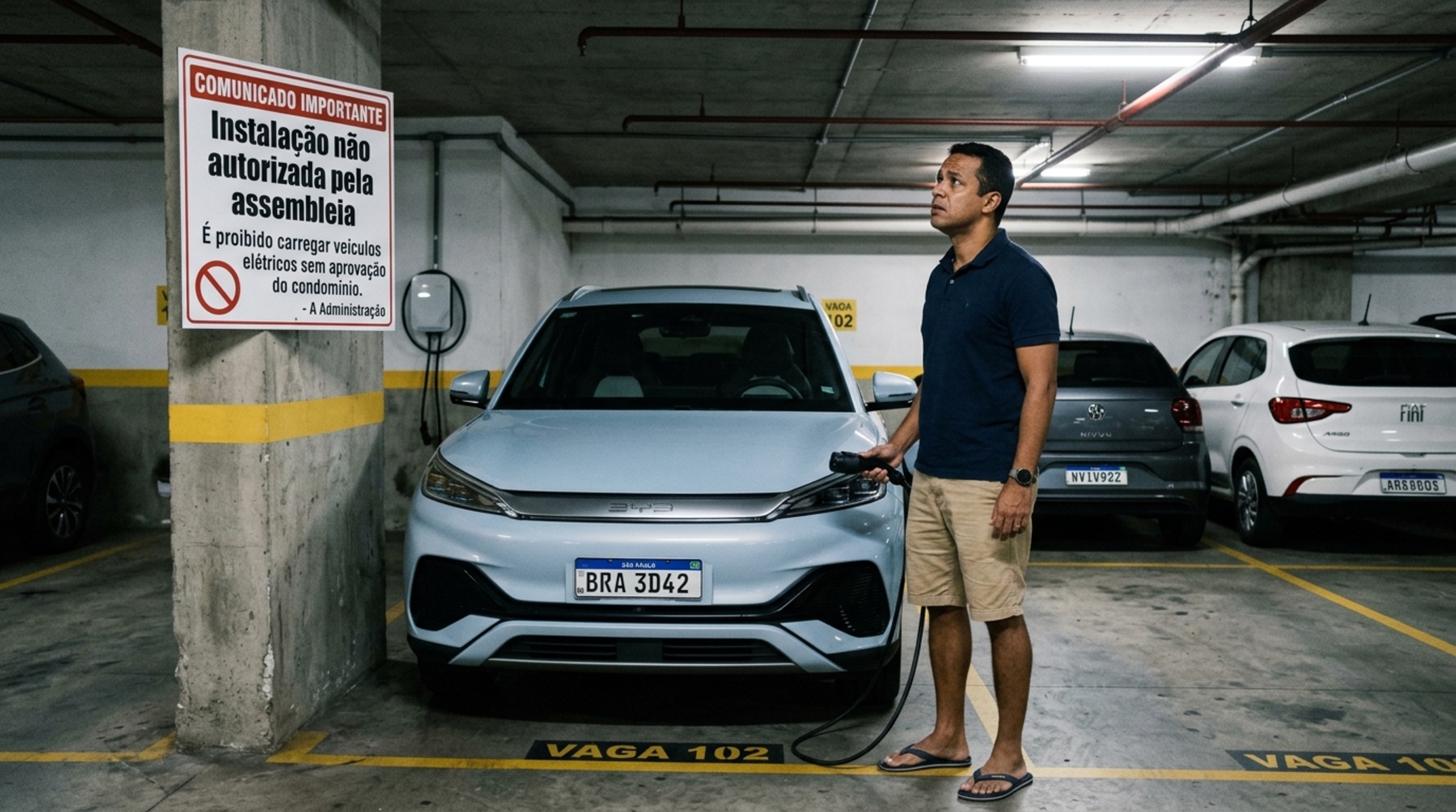 Morador compra carro elétrico de R$ 160 mil, pede para instalar o carregador na própria vaga, a assembleia nega e ele descobre o que o condomínio pode e não pode exigir
