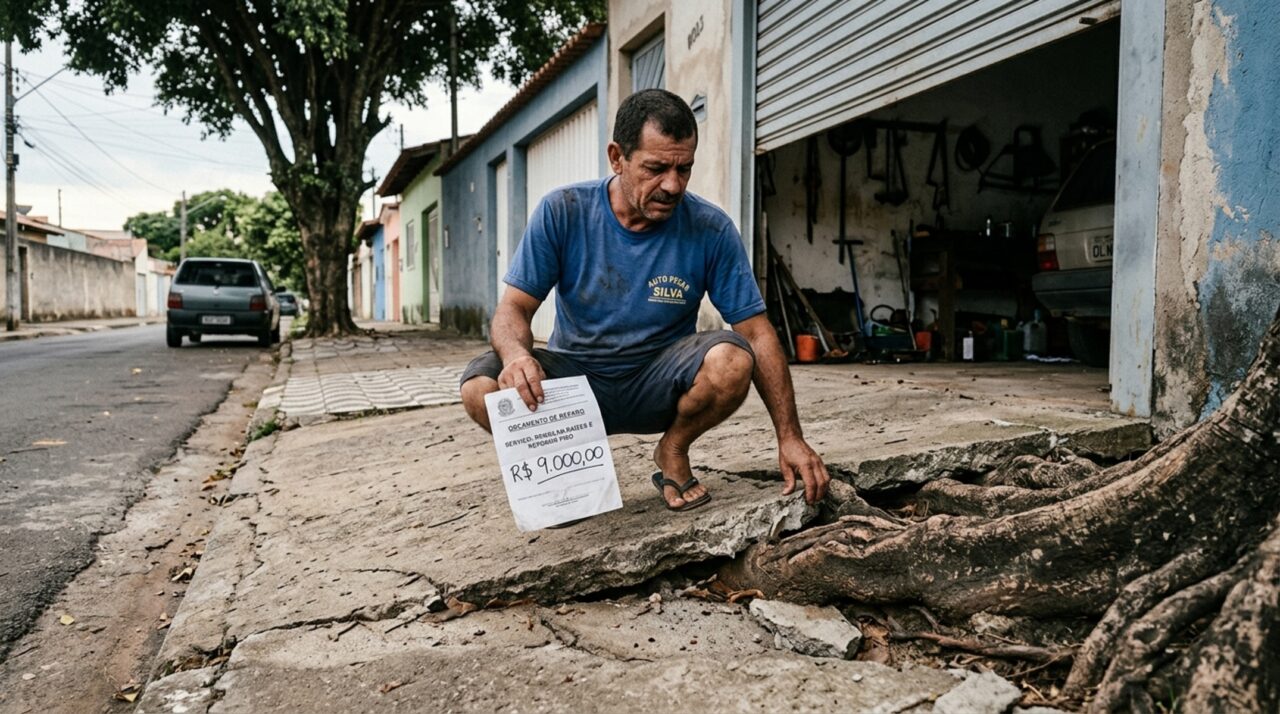 Raiz de uma árvore da calçada levanta o piso e trinca a garagem, o morador paga R$ 9 mil de conserto e descobre que a responsabilidade pela árvore era da prefeitura