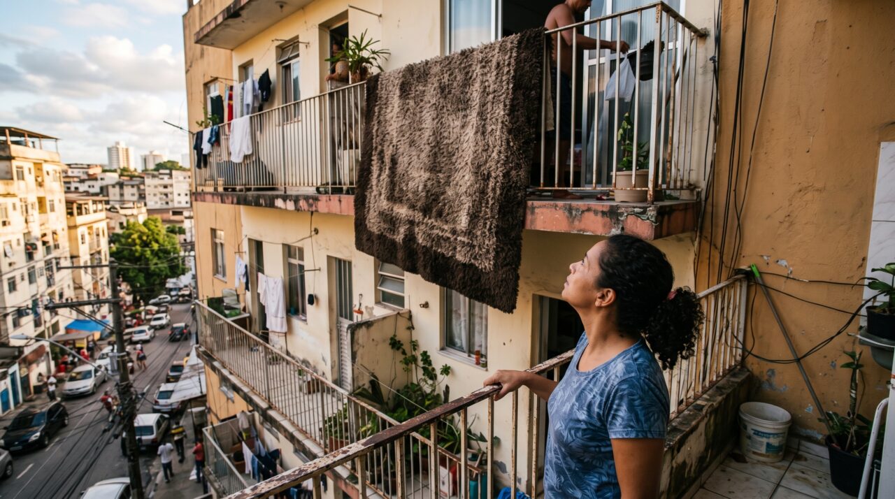 Vizinha pendura tapete para secar no guarda-corpo da sacada e descobre que o problema vai além da aparência do prédio