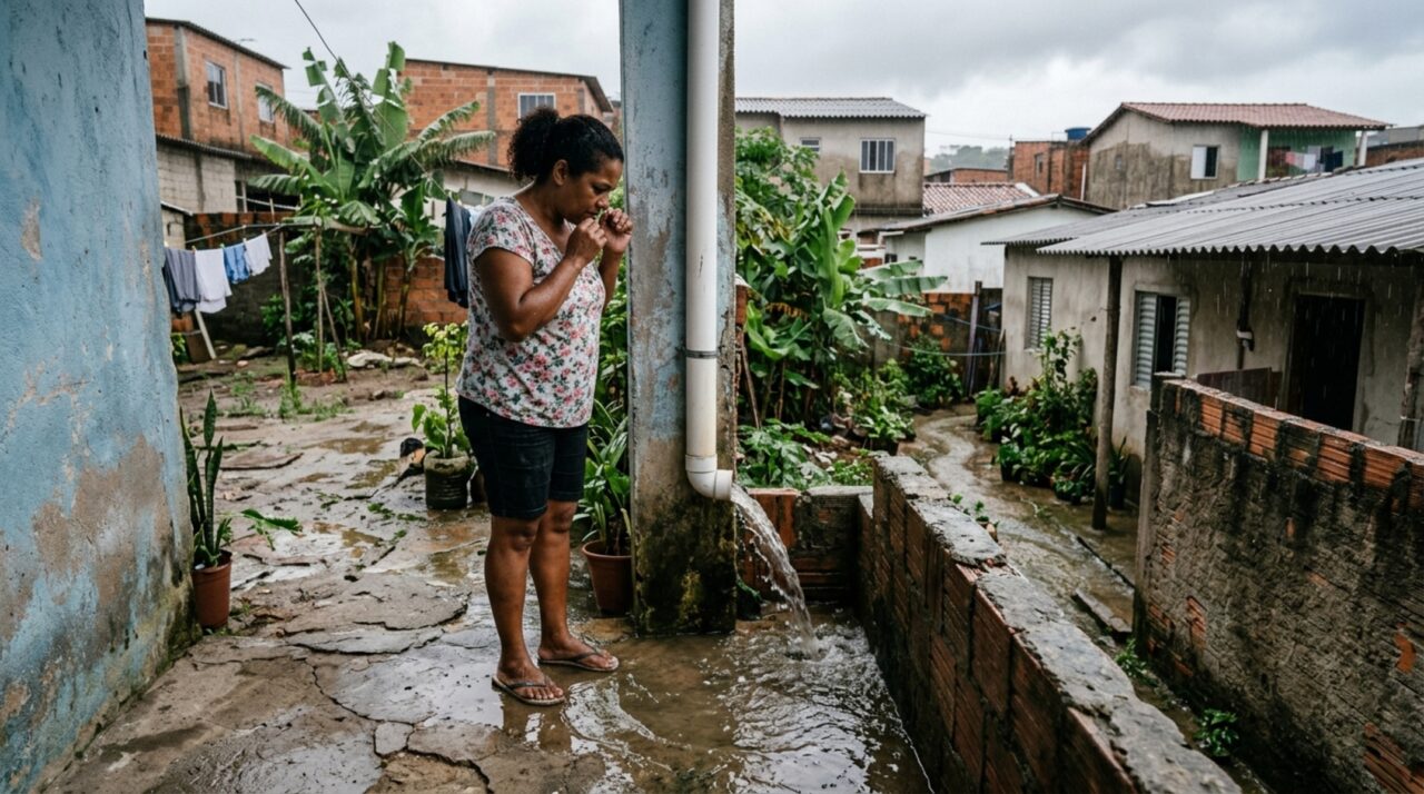 Casal instala uma calha para acabar com a infiltração e, depois da primeira chuva, vizinho encontra toda a água em seu quintal