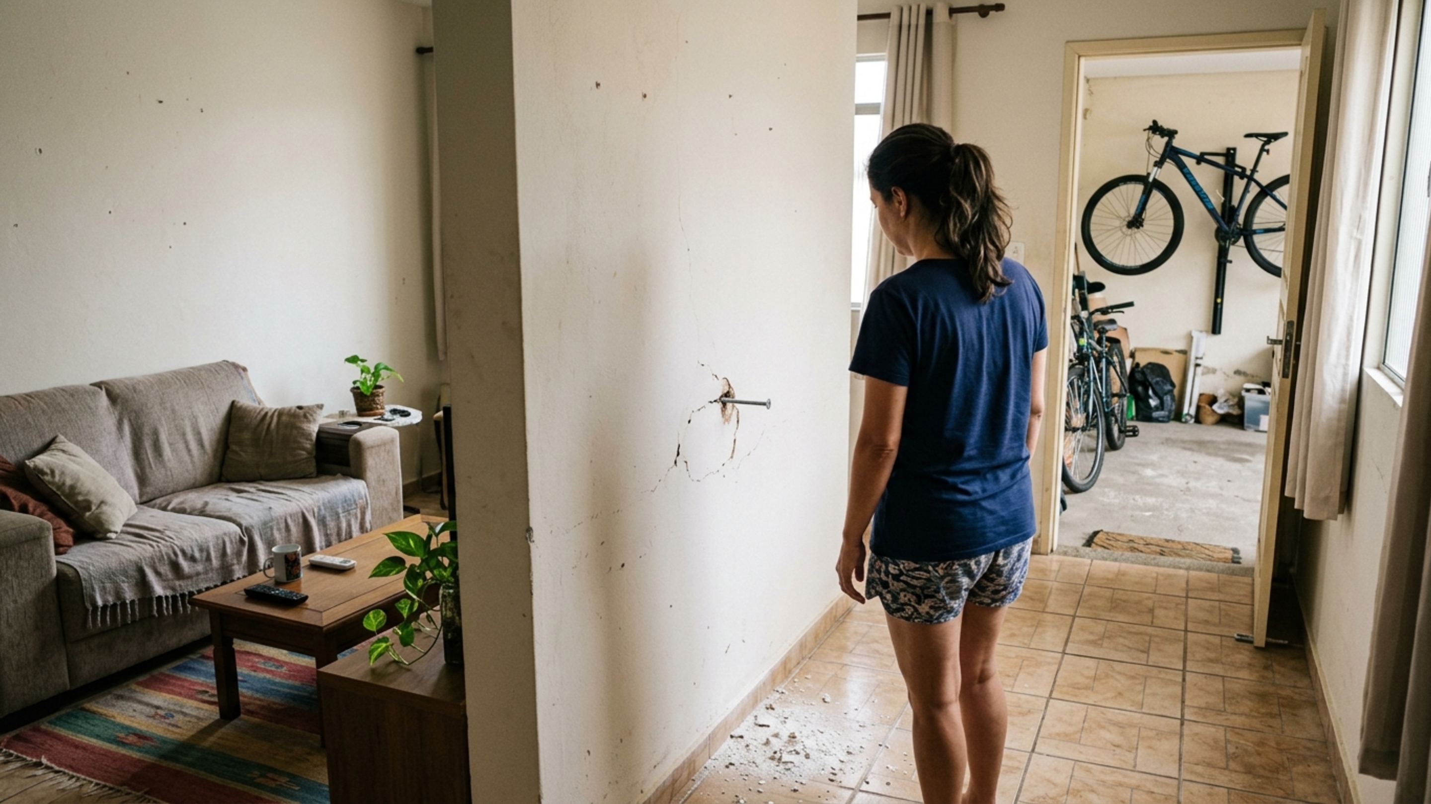 Morador instala um suporte para bicicleta na parede da garagem e vizinho reclama depois que parafusos atravessam a alvenaria compartilhada e aparecem do outro lado