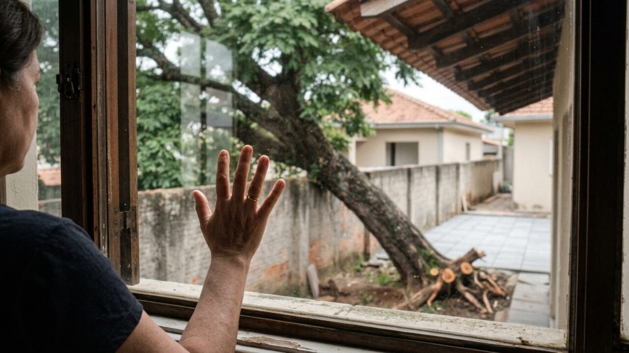 Uma árvore plantada há mais de 20 anos começa a inclinar depois que vizinho corta raízes para refazer a calçada e os dois lados passam a discutir quem deve removê-la