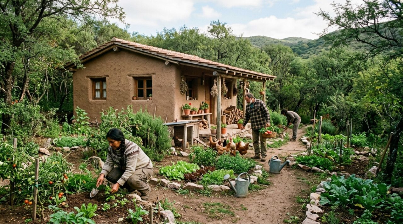 Entre hortas, árvores frutíferas e casas de adobe, eles vivem no monte de San Luis e trabalham para formar uma comunidade sustentada pelo bosque nativo