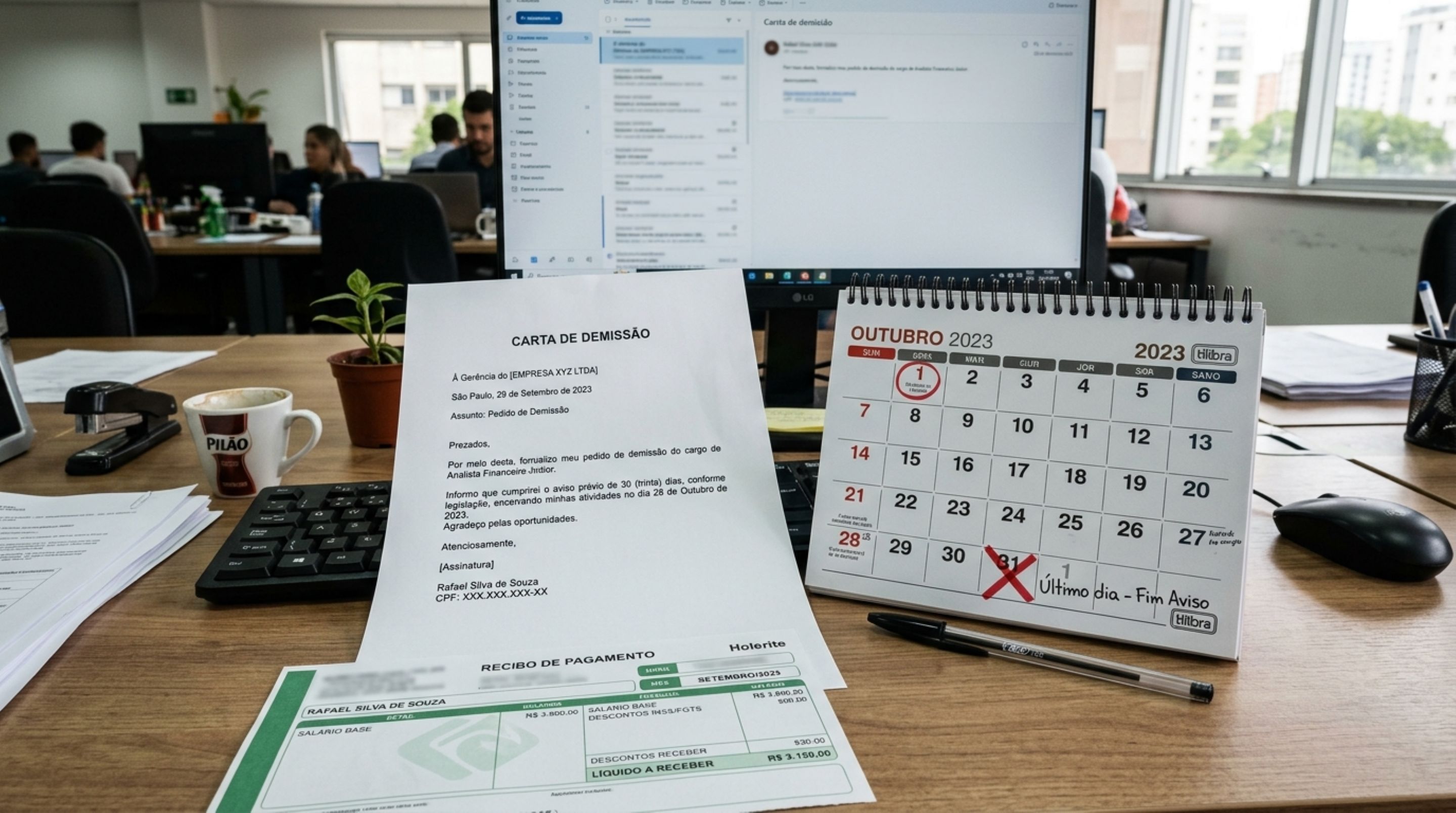 Funcionário pede demissão e acredita que poderia sair da empresa no mesmo dia sem prejuízo, regra trabalhista explica quando o aviso-prévio pode ser descontado da rescisão