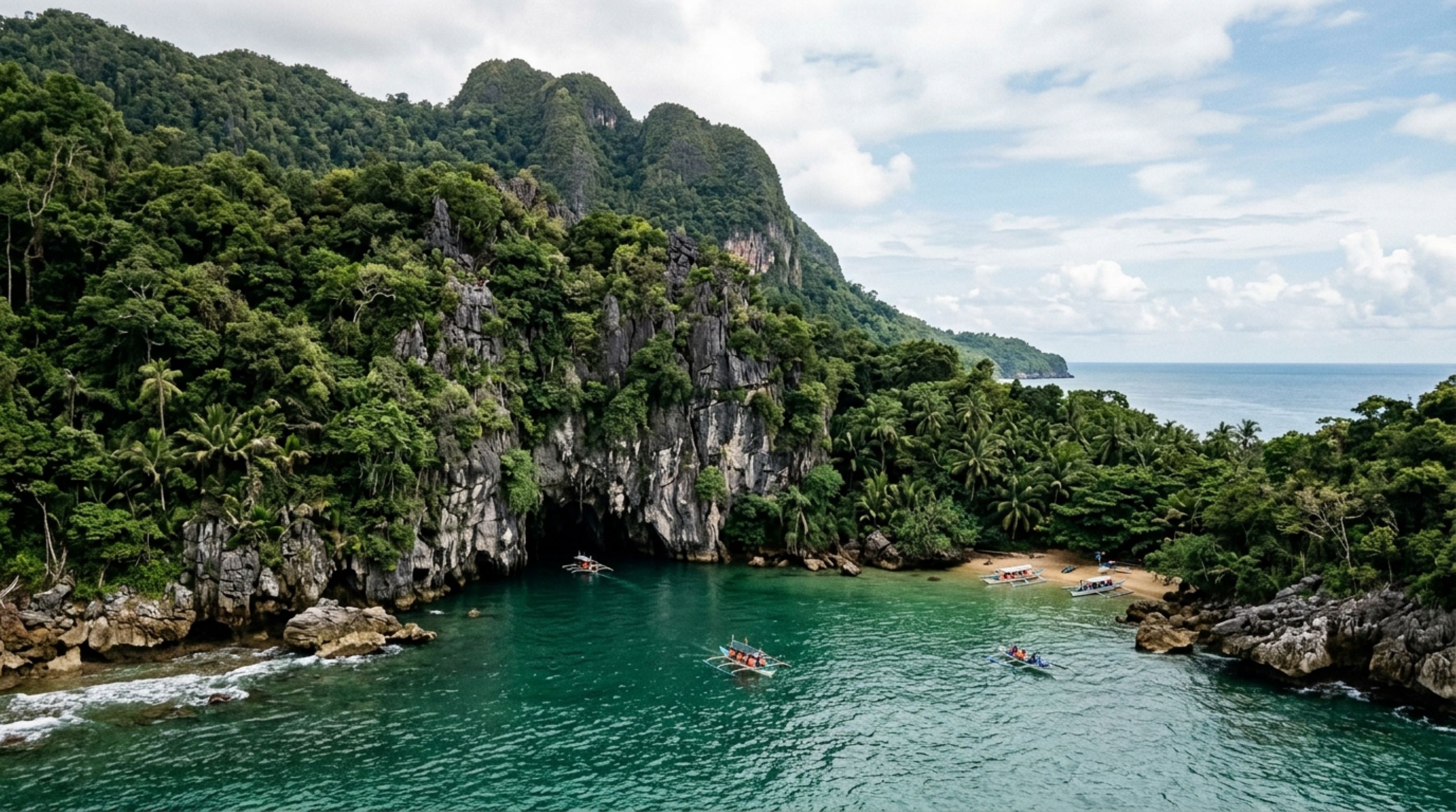 Salões subterrâneos chegam a 120 metros de largura antes de um rio sair da montanha e encontrar o mar nas Filipinas