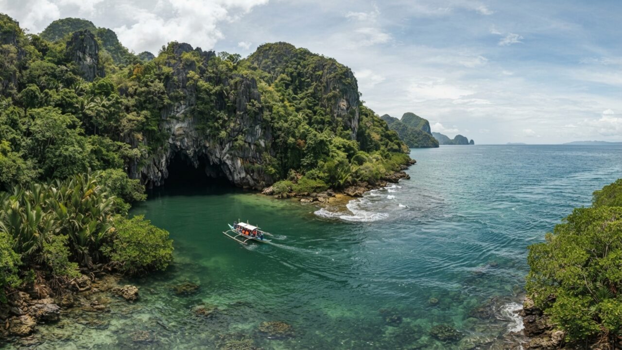Um rio percorre 8,2 quilômetros dentro de uma caverna nas Filipinas e termina diretamente no mar, onde a maré invade a metade inferior do sistema