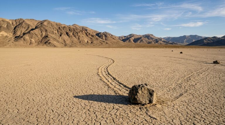 As pedras deslizantes de Racetrack Playa deixam longas trilhas sobre o leito seco do Vale da Morte