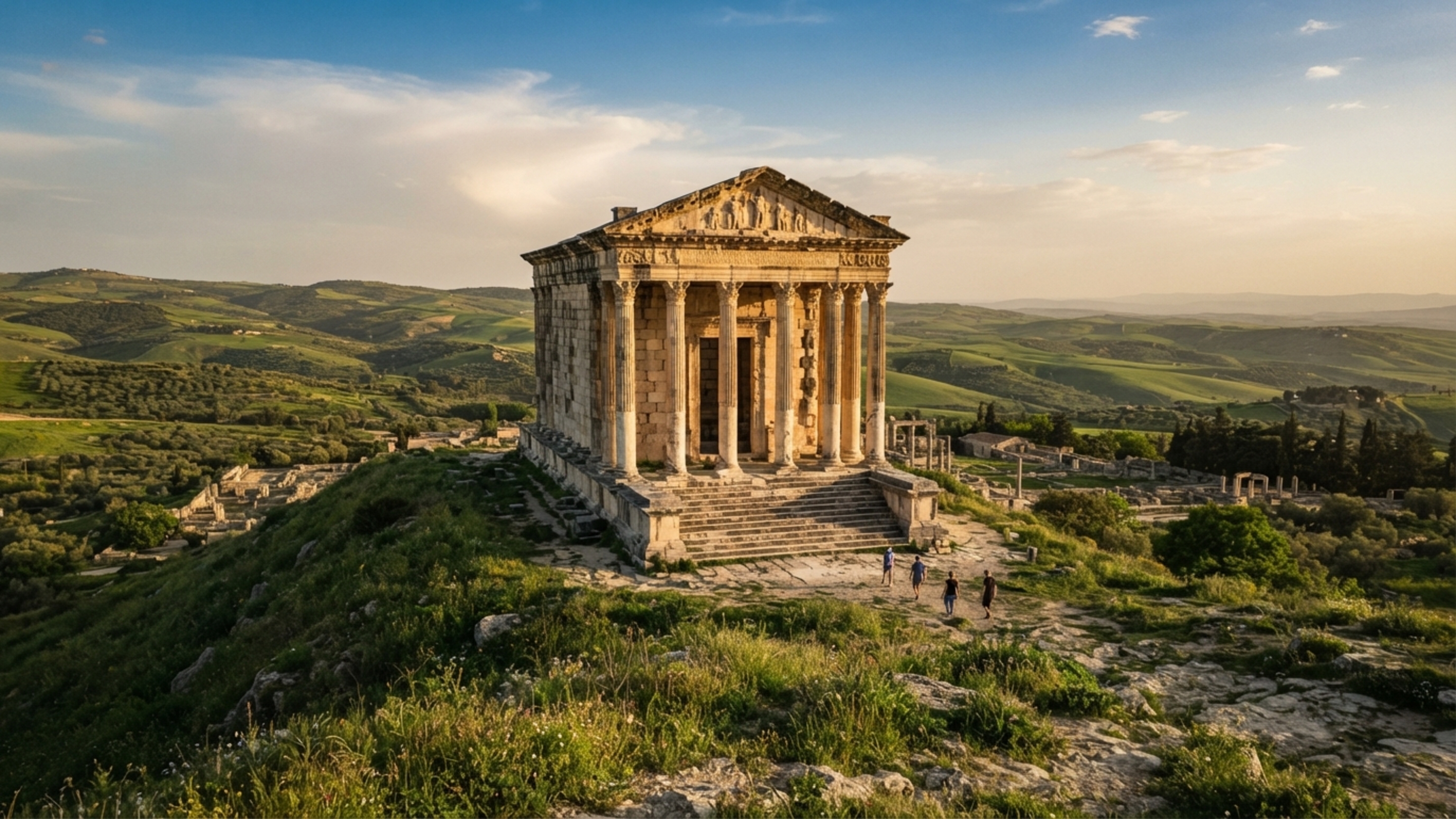 Uma cidade começou como acampamento e virou vitrine de Roma na África: ruas e mosaicos de Dougga ainda atravessam a planície tunisiana