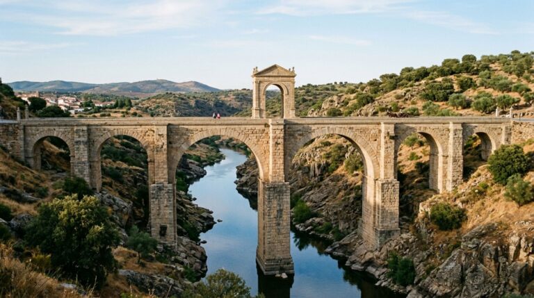 Ponte de Alcántara atravessando o vale do Tejo com seus seis arcos romanos