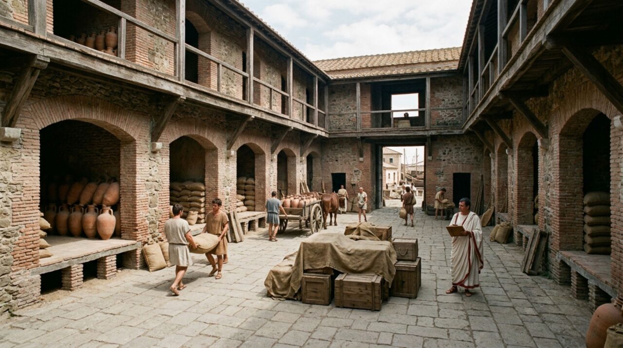 Armazém de Ostia Antica com pátio central e salas de armazenamento