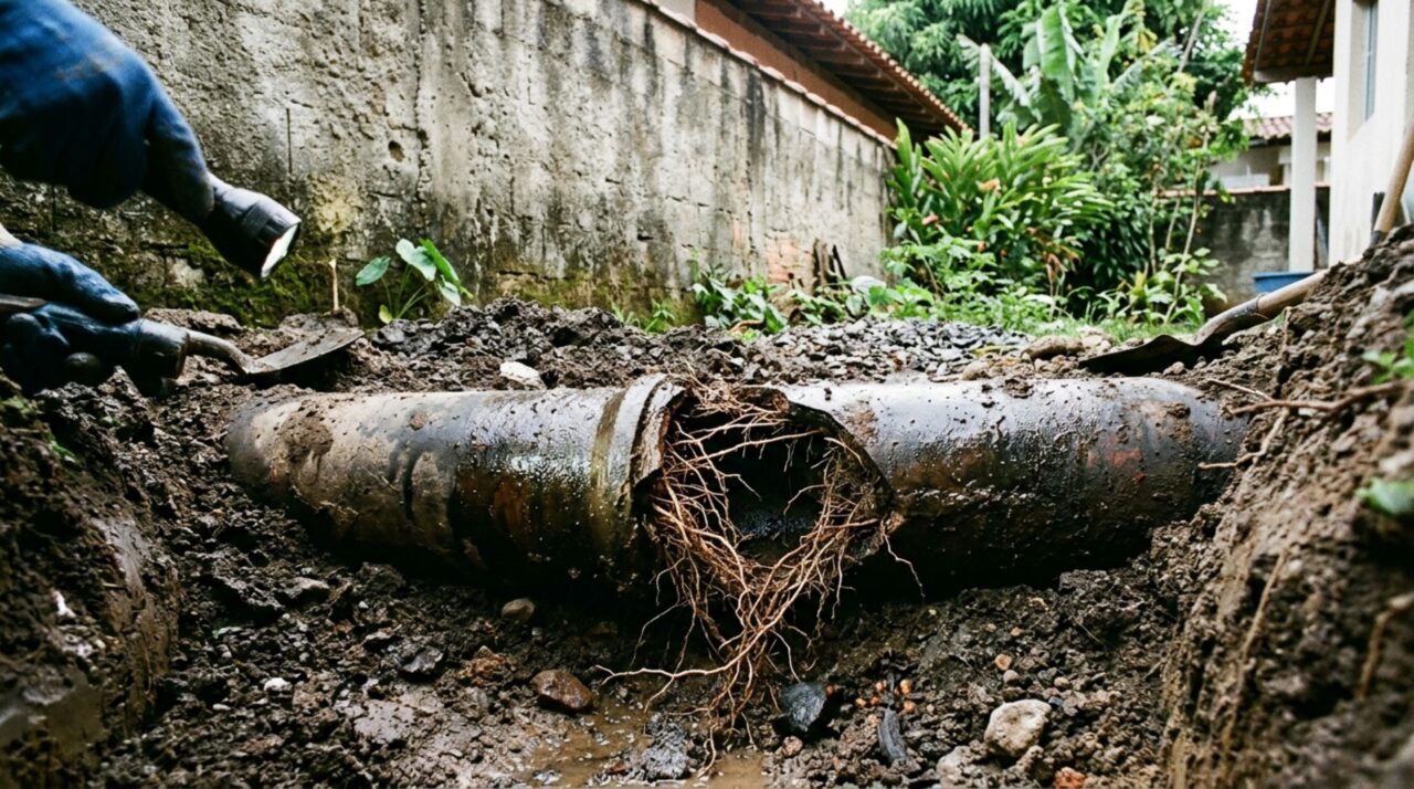 Morador planta uma figueira perto do muro e, anos depois, as raízes levantam o piso da garagem e rompem a tubulação de esgoto do vizinho