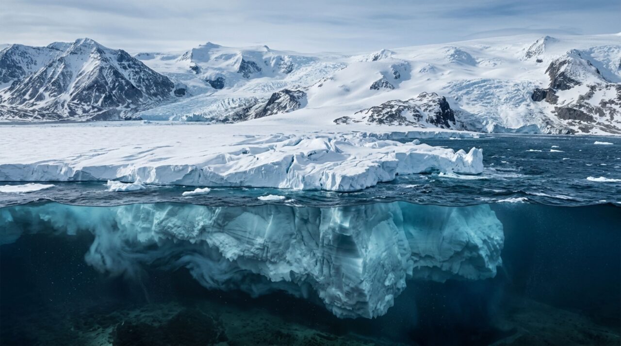 Grande parte da plataforma permanece submersa sobre o oceano antártico