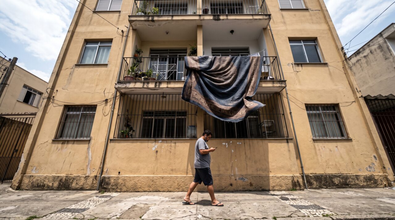 Vizinha pendura tapete para secar no guarda-corpo da sacada e descobre que o problema vai além da aparência do prédio
