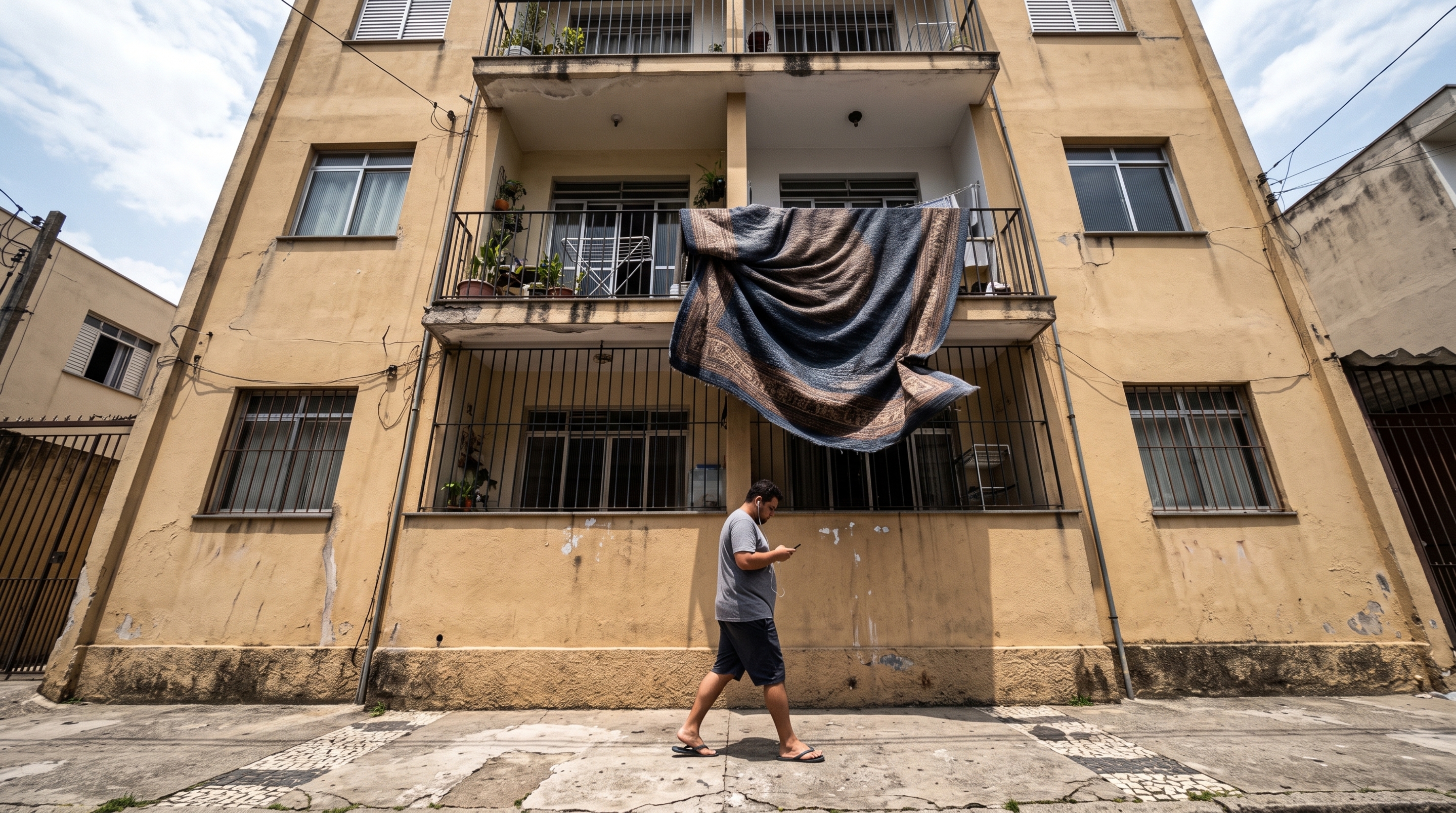 Vizinha pendura tapete para secar no guarda-corpo da sacada e descobre que o problema vai além da aparência do prédio