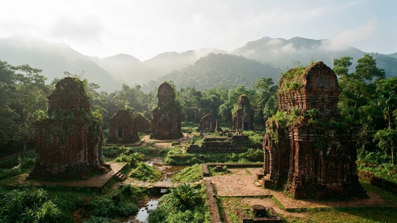 Torres de tijolo surgem num vale do Vietnã onde um reino construiu seu centro religioso durante quase mil anos sem abandonar a mesma paisagem sagrada