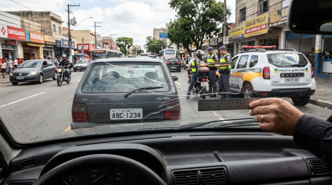 Motorista é parado em blitz com uma trinca de 12 centímetros no para-brisa, acredita que o dano é pequeno demais para causar problema e fiscalização explica por que tamanho e localização fazem total diferença