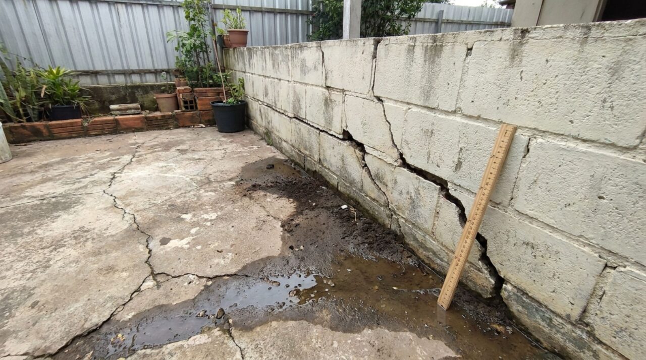 Proprietário constrói piscina no fundo do terreno e, após enchê-la, percebe problema estrutural e vazamento, vizinho encontra o quintal alagado e o muro com novas rachaduras