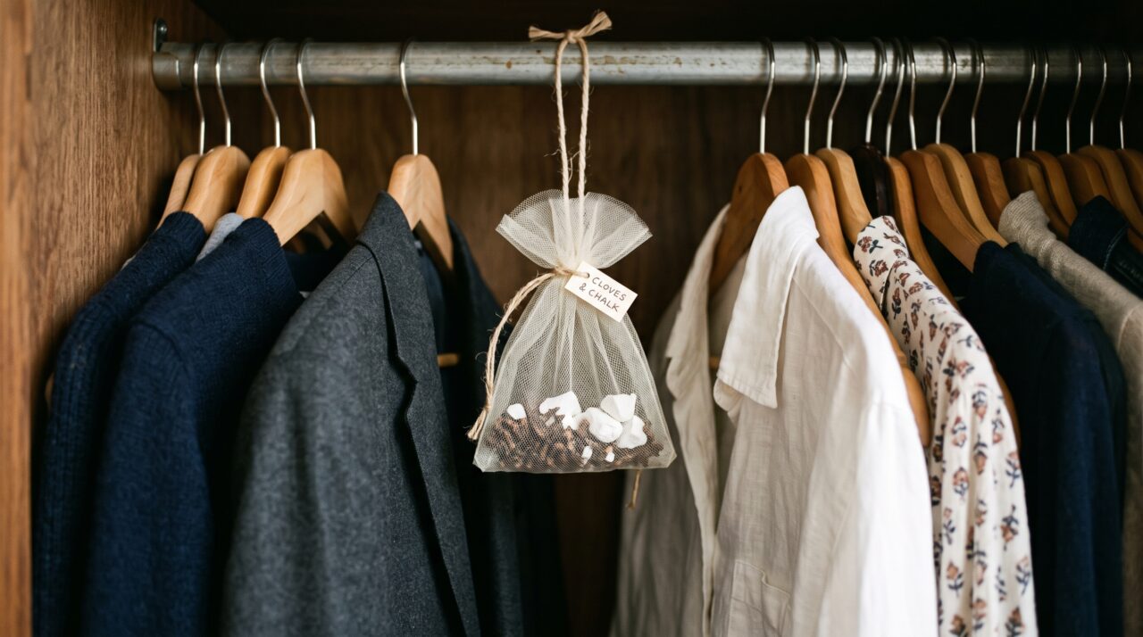 Pendurar pequenos sachês de tule com cravo-da-índia e giz de lousa nos cabides: a solução definitiva contra mofo e mau cheiro no guarda-roupa