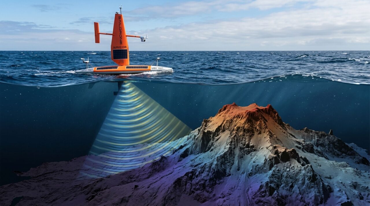 O sonar multifeixe calcula a profundidade a partir do eco dos pulsos acústicos e permite reconstruir o relevo do fundo do mar com alta resolução