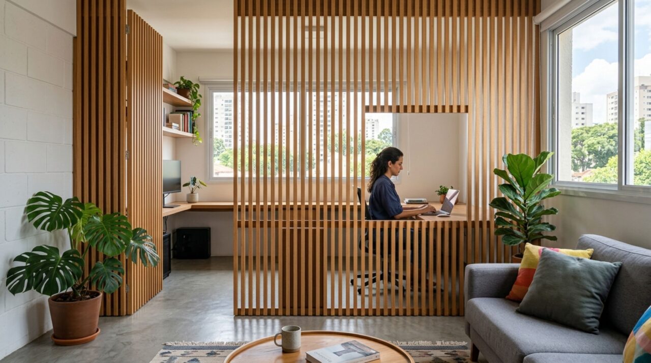 Sem derrubar parede nem levantar nova alvenaria: uma forma de dividir sala e home office usando painéis ripados modulares