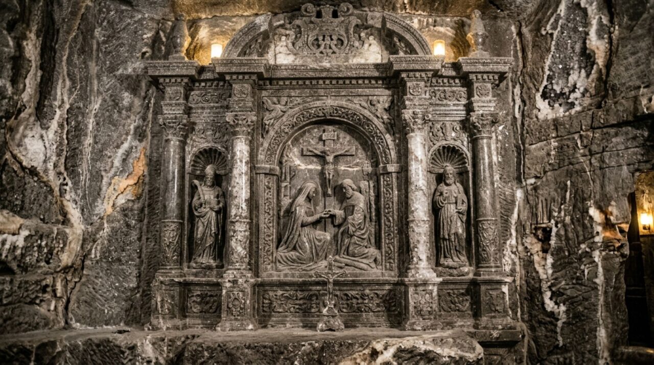 Na Mina de Wieliczka, o sal-gema retirado e exposto durante a mineração também se tornou material para altares, relevos e esculturas subterrâneas