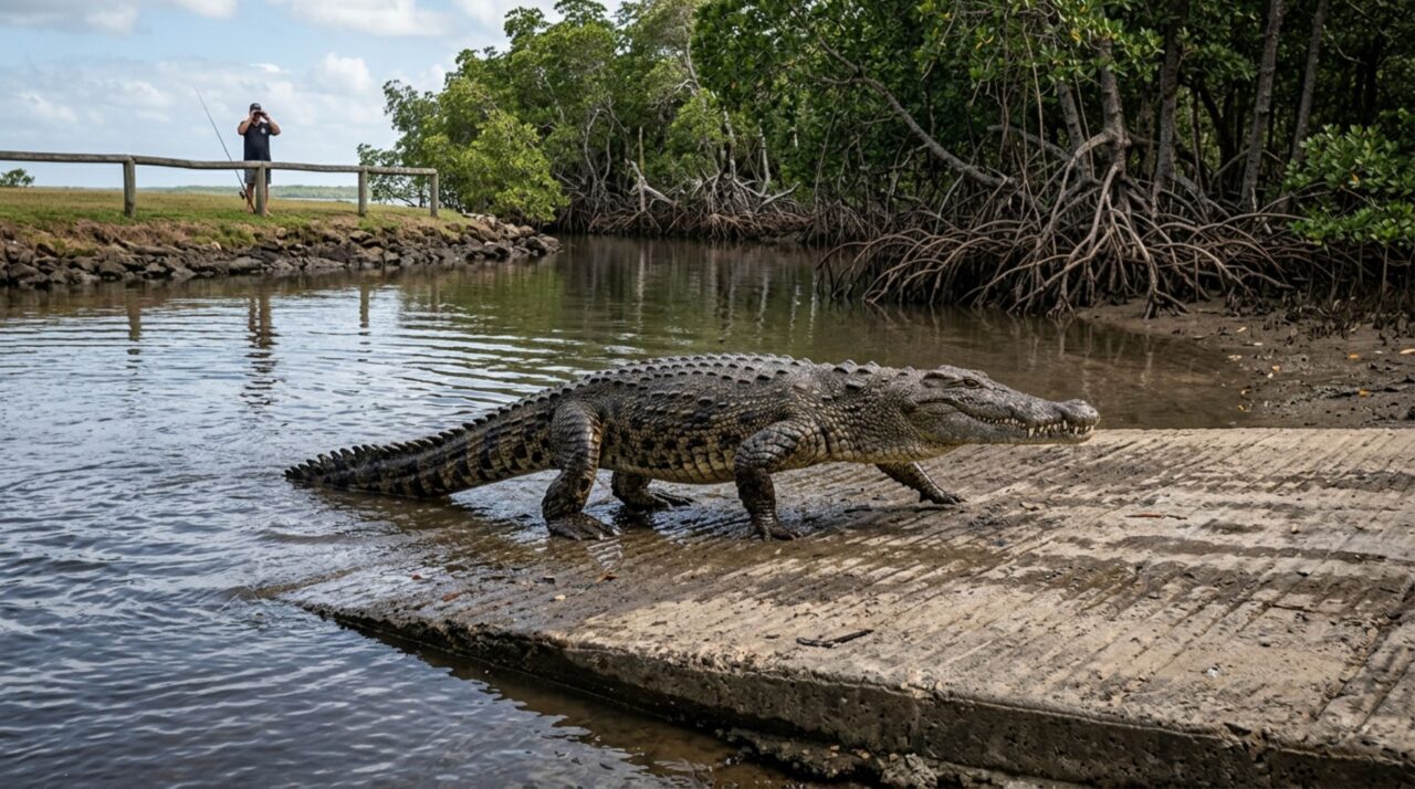 Depois de um mês encontrando pegadas enormes junto ao barco todas as manhãs, pescador instala uma câmera no píer e descobre um crocodilo-de-água-salgada usando a rampa durante a maré alta para atravessar até o manguezal