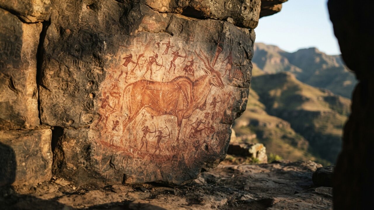 Uma montanha parece cortada por uma faca na África do Sul: penhascos guardam milhares de pinturas feitas por povos San