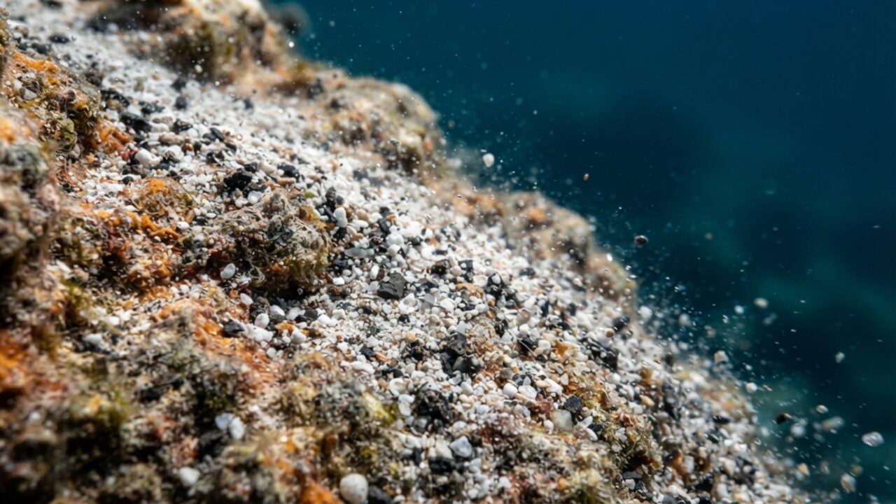 Uma cachoeira de areia cai debaixo d’água perto de Maurício e parece abrir um abismo no oceano, embora o “buraco” seja uma ilusão criada por sedimentos