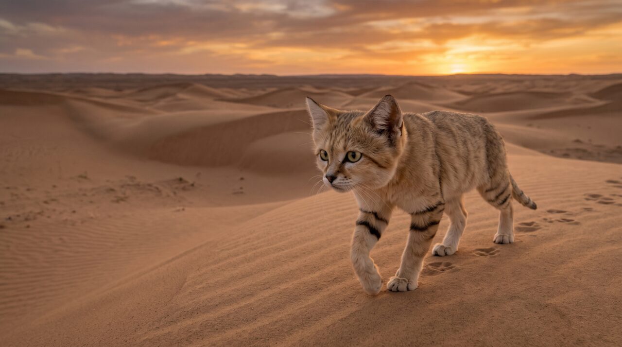 Este pequeno gato atravessa desertos sem beber água diretamente e ainda consegue ouvir presas se movendo debaixo da areia