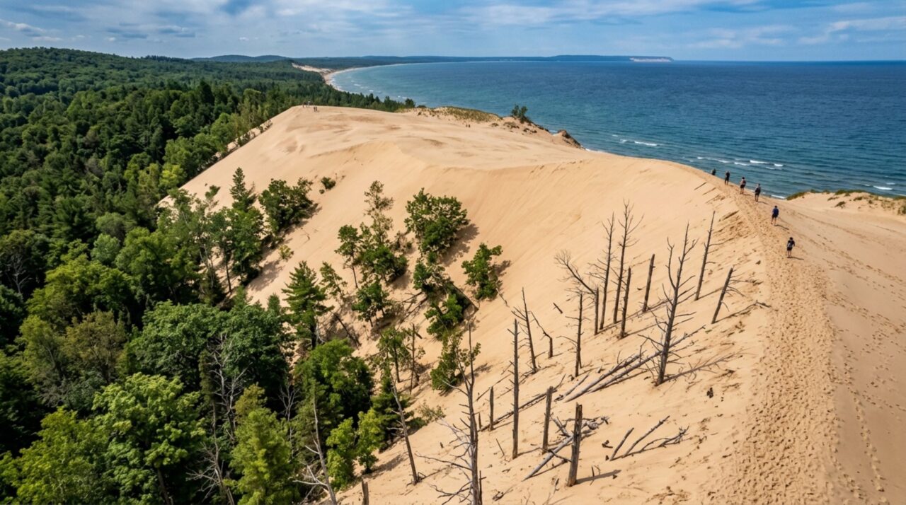 Uma floresta inteira cresce sobre dunas que avançam lentamente, enterrando árvores enquanto novas plantas colonizam a areia logo atrás