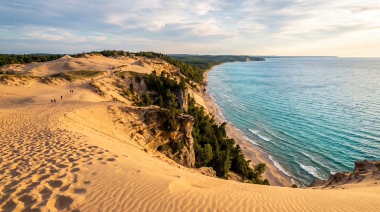 Dunas gigantes se movem sobre um penhasco deixado por geleiras junto ao Lago Superior e carregam areia por cima de rochas muito mais antigas que elas