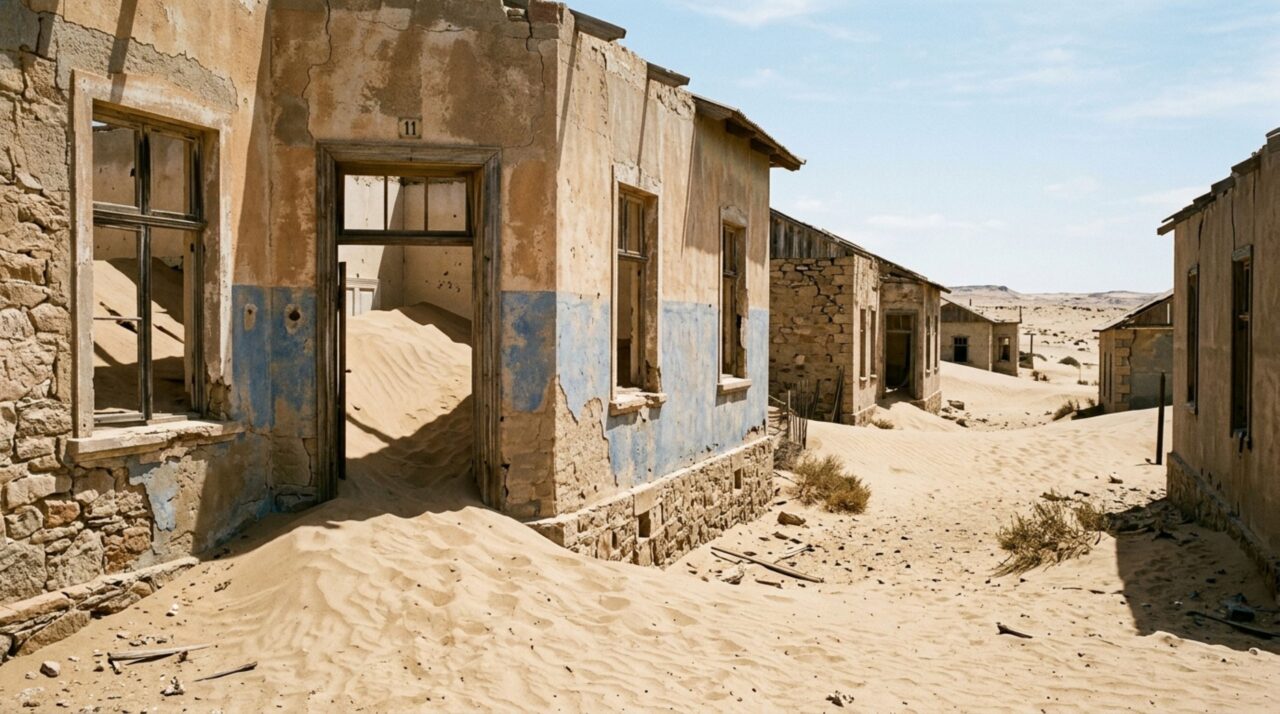 A antiga cidade onde enormes dunas de areia avançam lentamente sobre construções abandonadas no deserto