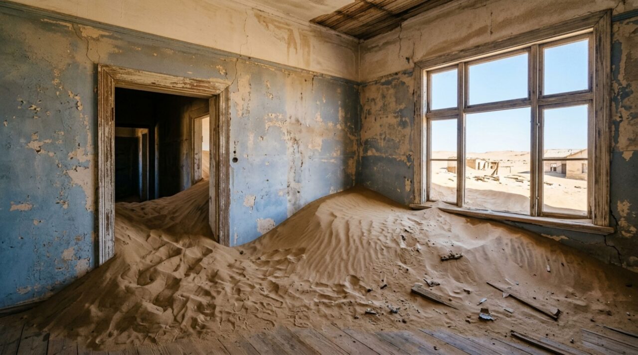 Areia transportada pelo vento se acumula dentro das antigas casas de Kolmanskop