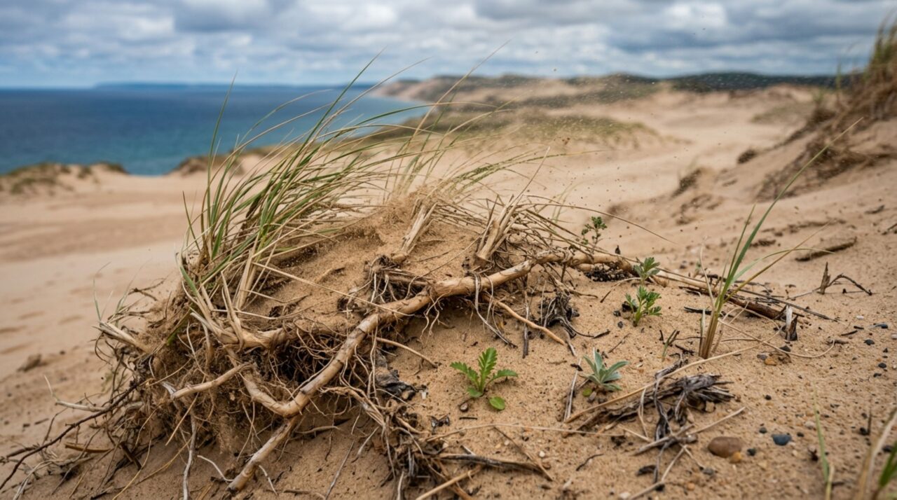 Gramíneas e outras plantas pioneiras ajudam a reter a areia em Sleeping Bear Dunes e iniciam uma nova etapa de estabilização e colonização vegetal