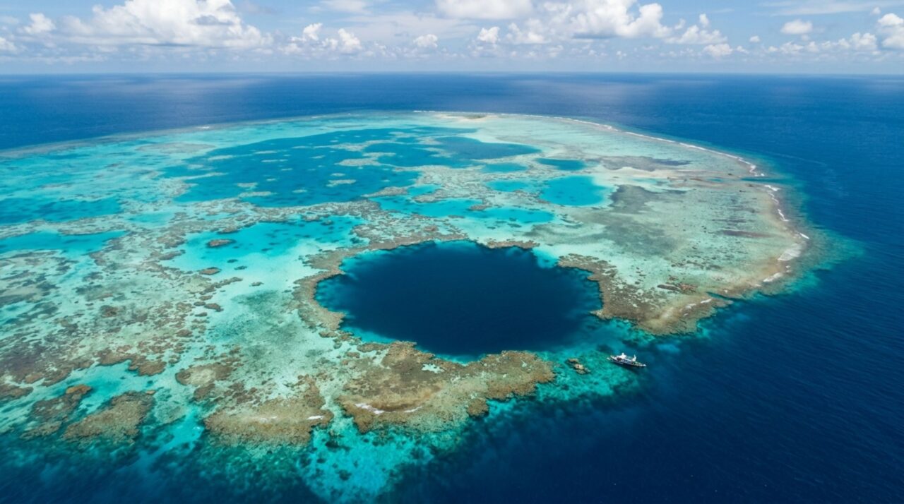O enorme buraco criado naturalmente no fundo do oceano que forma uma cavidade azul e ultrapassa 300 metros de profundidade