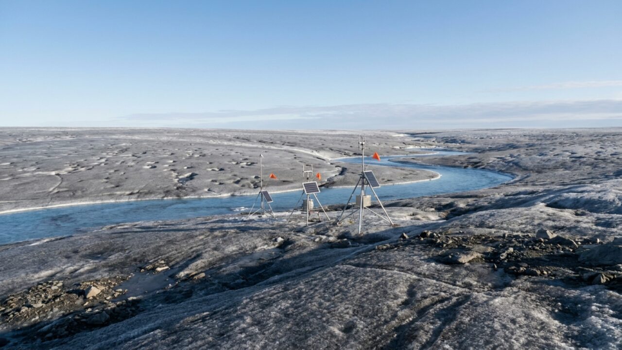 Uma calota de gelo de 5.700 km² perdeu a cobertura de neve mais cedo já observada e ficou riscada por canais azuis em julho