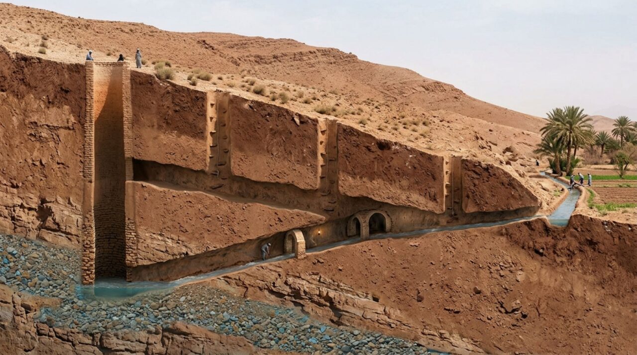 Galeria subterrânea conduzindo água por gravidade sob o deserto de Yazd